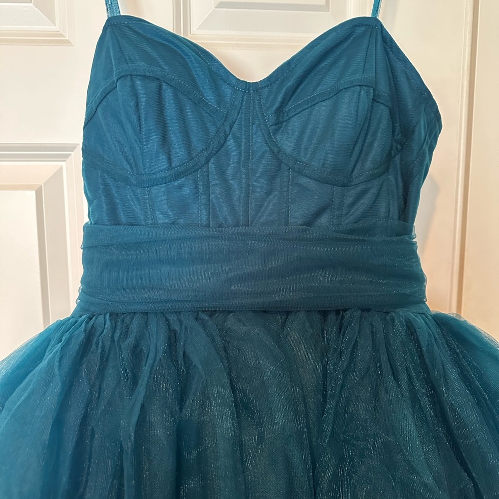 Chic Teal Layered Sweetheart Corset Prom Dress - Picture 4 of 4